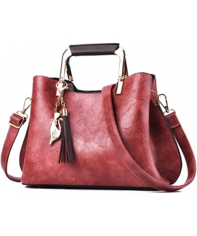 Women Top-handle Bag Fox Fringe Pendant Shoulder Bags Fashion Satchel Rubber Red $16.45 Satchels