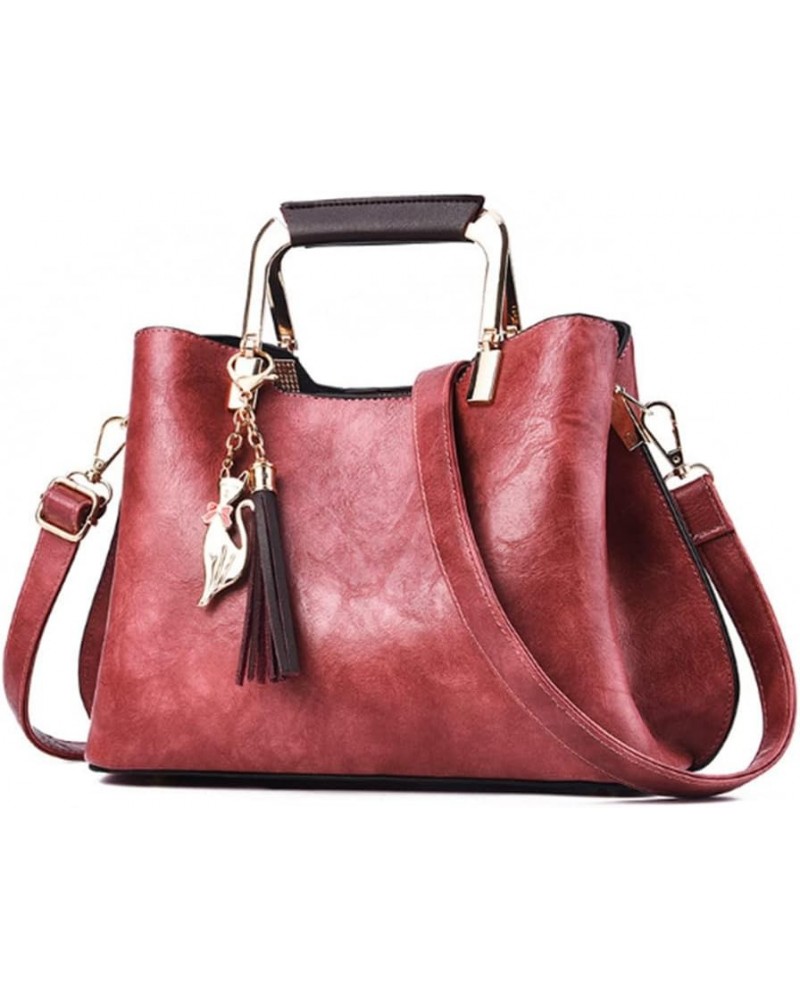 Women Top-handle Bag Fox Fringe Pendant Shoulder Bags Fashion Satchel Rubber Red $16.45 Satchels