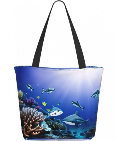 Shark Swimming Under the Sea Tote Bag with Zipper for Women Inside Mesh Pocket Heavy Duty Casual Anti-water Cloth Shoulder Ha...