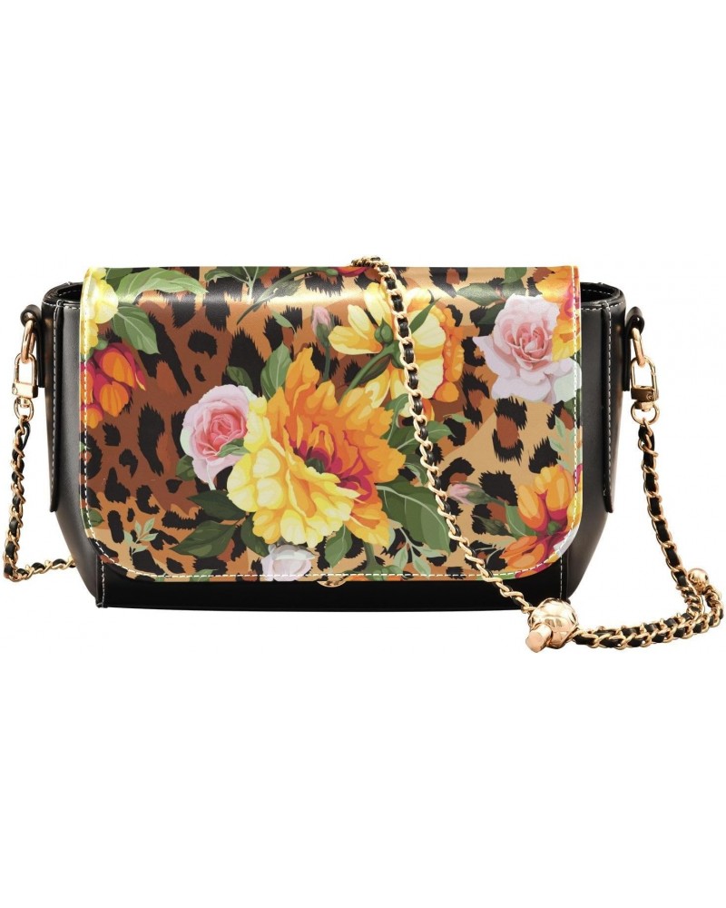 Floral Pattern in Leopard Background Crossbody Bags for Women, Trendy Small Shoulder Bag, PU Leather Clutch Purse Underarm Ha...