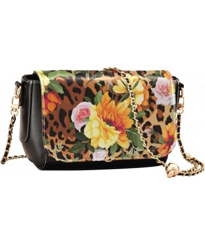 Floral Pattern in Leopard Background Crossbody Bags for Women, Trendy Small Shoulder Bag, PU Leather Clutch Purse Underarm Ha...