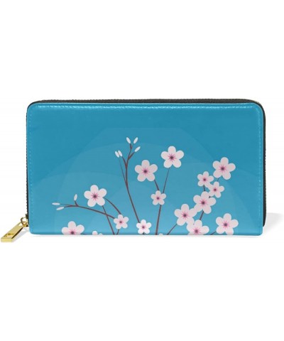 Pink Cherry Blossom Retro Leather Long Wallet Organizer with Zipper Purse Clutch Bag for Women Men 4.13"(L) x 7.48"(W) Multi ...