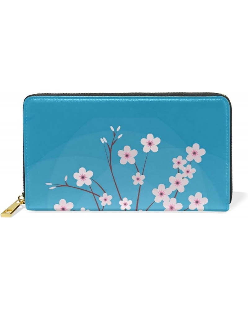 Pink Cherry Blossom Retro Leather Long Wallet Organizer with Zipper Purse Clutch Bag for Women Men 4.13"(L) x 7.48"(W) Multi ...