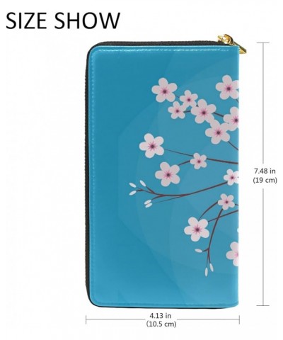 Pink Cherry Blossom Retro Leather Long Wallet Organizer with Zipper Purse Clutch Bag for Women Men 4.13"(L) x 7.48"(W) Multi ...