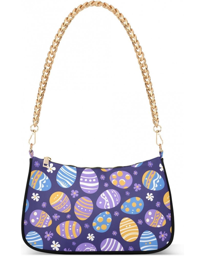 Easter Purple Eggs Pattern Clutch Shoulder Bag for Women, Hobo Tote Handbag with Gold Chain, Crossbody Bag with Zipper Closur...