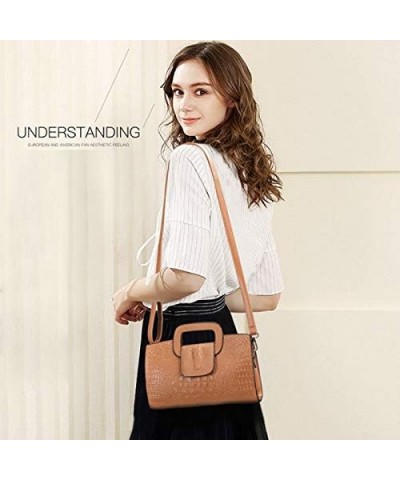 Rebecca Women Top-Handle Handbag Vintage Soft Crocodile Pattern Shoulder Bag Brown $17.52 Handbags