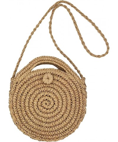 Mini Handmade Round Straw Beach Bag Shoulder bag for women Khaki 02 $12.75 Shoulder Bags