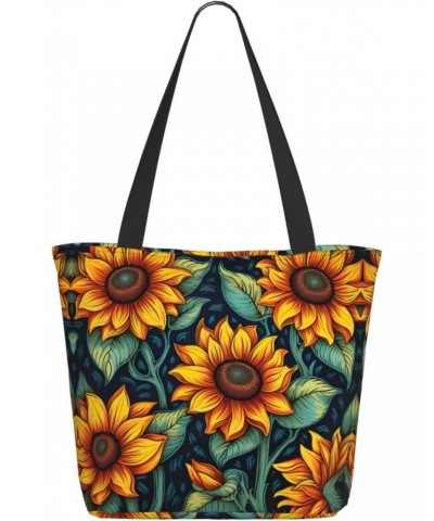 Spring Sunflowers Retro Flowers Tote Bag with Zipper for Women Inside Mesh Pocket Heavy Duty Casual Anti-water Cloth Shoulder...