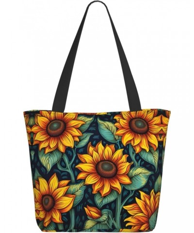 Spring Sunflowers Retro Flowers Tote Bag with Zipper for Women Inside Mesh Pocket Heavy Duty Casual Anti-water Cloth Shoulder...