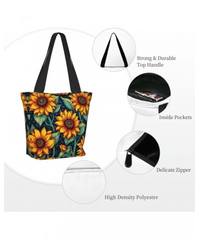 Spring Sunflowers Retro Flowers Tote Bag with Zipper for Women Inside Mesh Pocket Heavy Duty Casual Anti-water Cloth Shoulder...