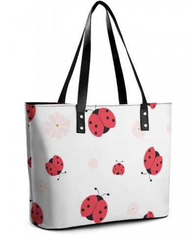 Womens Handbag Ladybug And Ladybird And Flowers Pink Leather Tote Bag Top Handle Satchel Bags For Lady $20.64 Totes