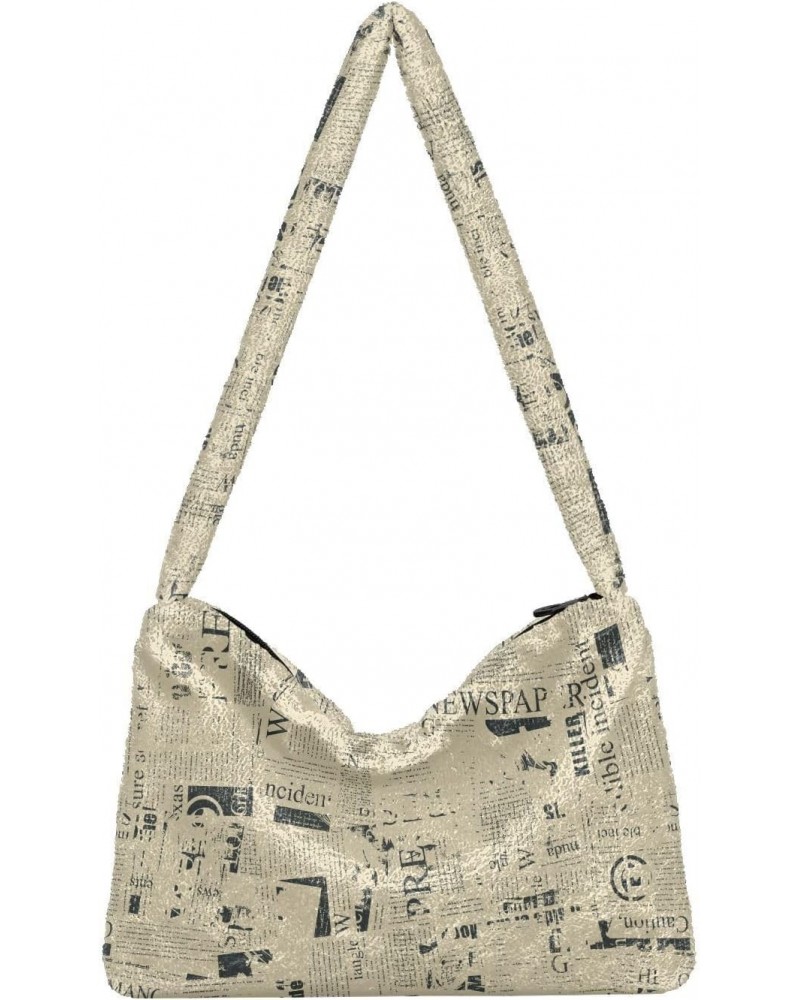 Plush Underarm Bag, (Vintage Newspaper Collection) Fluffy Shoulder Bag Women Ladies Tote Bag, Cute Furry Purse, Small Handbag...