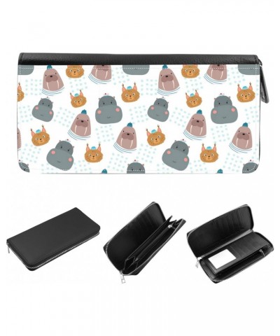 Women's Zip Around Wallet and Phone Clutch - RFID Blocking with Card Holder Organizer - Cute pattern with behemoth, walrus, l...