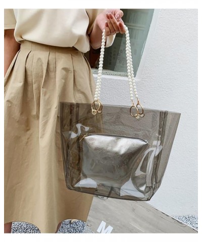 Fashion Transparent Tote Bags For Women Casual Shoulder Bag PVC Handbag With Pocket Pearl Shoulder Strap Large Capacity 2024 ...