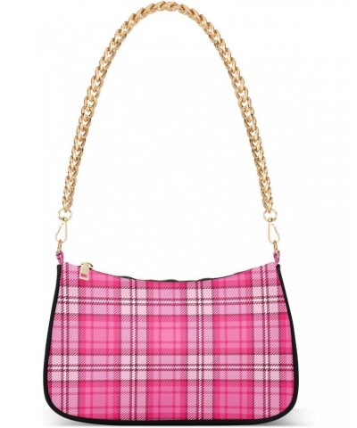 Valentines Pink Tartan Plaid Shoulder Handbags for Women Travel Hobo Tote Handbag Women Gold Chain Shoulder Bags Purse with Z...