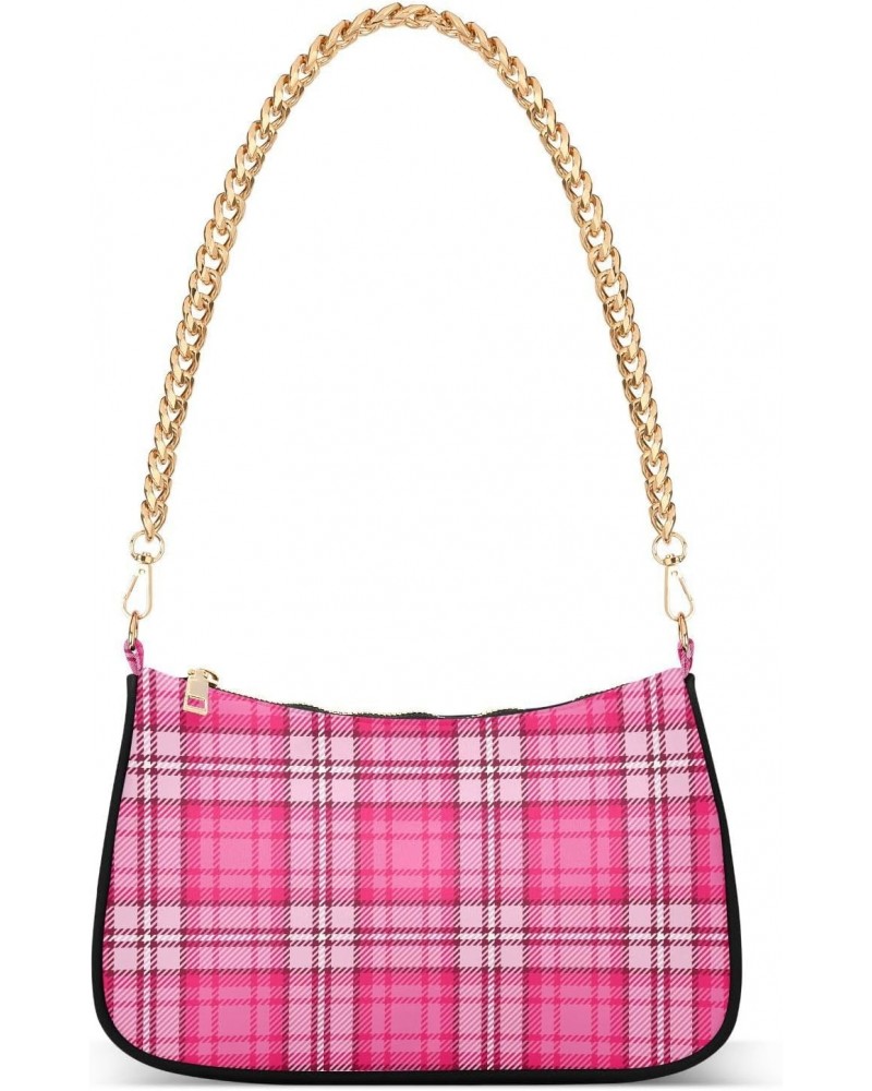 Valentines Pink Tartan Plaid Shoulder Handbags for Women Travel Hobo Tote Handbag Women Gold Chain Shoulder Bags Purse with Z...