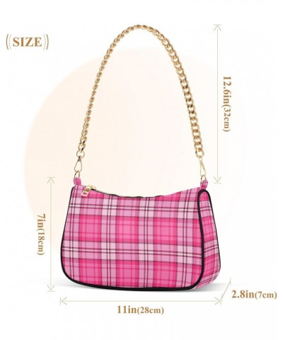 Valentines Pink Tartan Plaid Shoulder Handbags for Women Travel Hobo Tote Handbag Women Gold Chain Shoulder Bags Purse with Z...