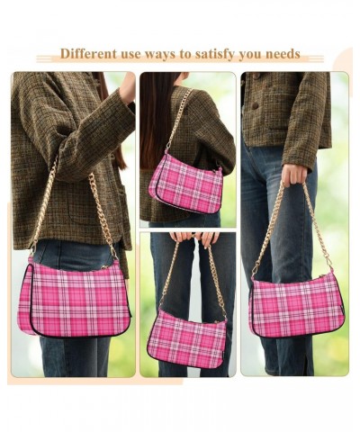 Valentines Pink Tartan Plaid Shoulder Handbags for Women Travel Hobo Tote Handbag Women Gold Chain Shoulder Bags Purse with Z...