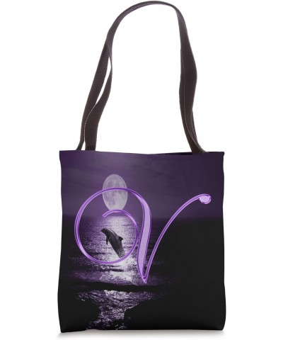 V Dolphin Purple Animal Ocean Moon Sea Initial Letter Name Tote Bag $8.96 Totes