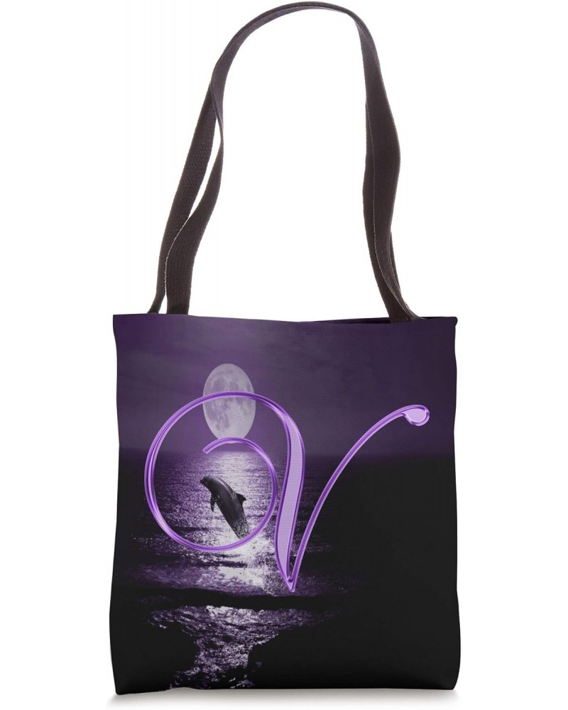 V Dolphin Purple Animal Ocean Moon Sea Initial Letter Name Tote Bag $8.96 Totes