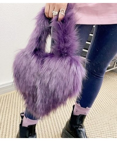 Furry Heart Shaped Crossbody Bag for Women - Plush Y2K Handbag with Soft Shoulder Strap Small Purple $18.00 Totes