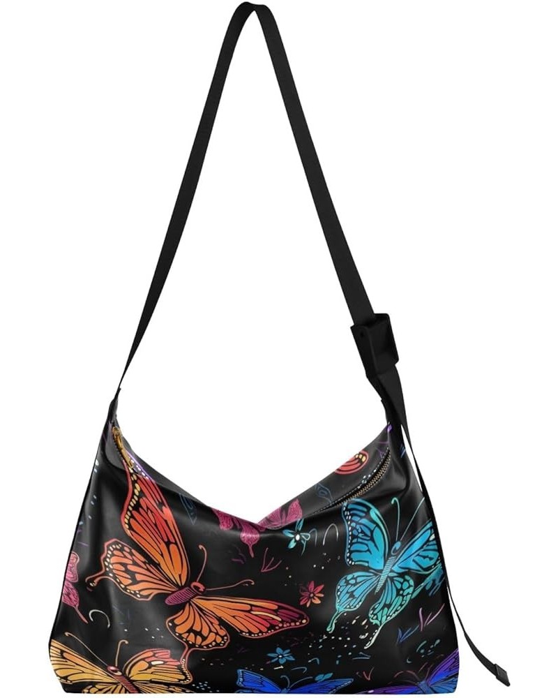 Galaxy Wallpaper Fashion Shoulder Bag, Crossbody Large Leather Bag, Women's Leather Crossbody Bag Black With Colorful Butterf...