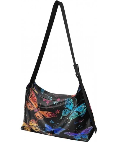 Galaxy Wallpaper Fashion Shoulder Bag, Crossbody Large Leather Bag, Women's Leather Crossbody Bag Black With Colorful Butterf...