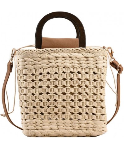 Women Straw Drawstring Bucket Purse Small Tote Shoulder Handbag Hollow Out Cross-body Bag for Summer,Beach D-beige $15.49 Hob...