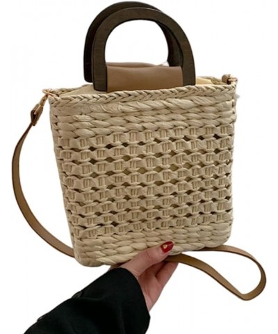 Women Straw Drawstring Bucket Purse Small Tote Shoulder Handbag Hollow Out Cross-body Bag for Summer,Beach D-beige $15.49 Hob...