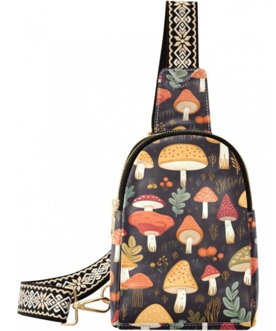 Cartoon Forest Mushroom Print Women Sling Bag with Adjustable Strap Zipper Closure, PU Leather Water Resistant Crossbody Bag ...