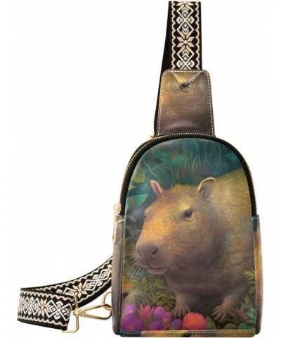 Womens Crossbody Bag Capybara and Flowers Print PU Leather Sling Bag with Adjustable Strap Zipper Closure Water Resistant $14...