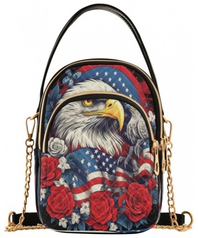 Quilted Crossbody Bags for Women,Independence Day American Flag Eagle Rose Flowers Women's Crossbody Handbags Small Travel Pu...