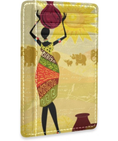 African Women Tribes Pattern Slim Minimalist Wallets Rfid Blocking Card Wallets PU Leather Front Pocket Wallets for Men and W...