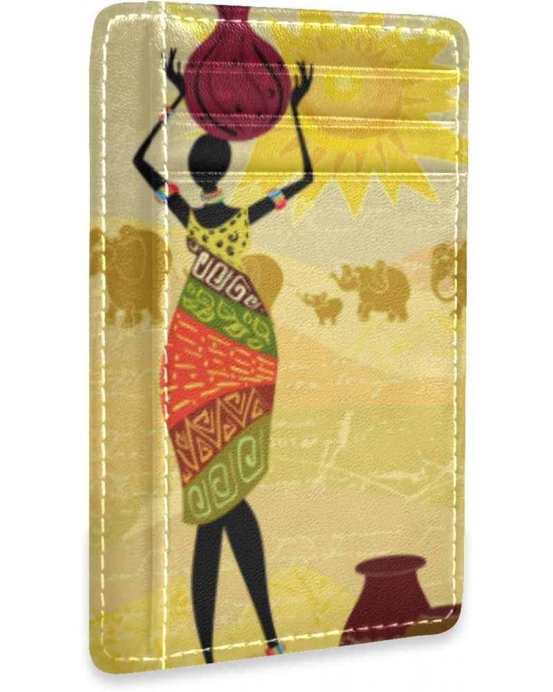 African Women Tribes Pattern Slim Minimalist Wallets Rfid Blocking Card Wallets PU Leather Front Pocket Wallets for Men and W...