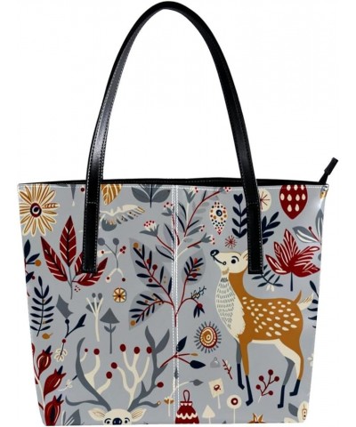 Tote Bag, Faux Leather Large Tote Bags for Women, Women's Tote Handbags, Elk Flower Bird Animal Spring, Womens Tote Bag Patte...