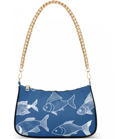 A Blue Background with Fish Retro Classic Shoulder HandBag with Zipper Closure for Women $14.70 Shoulder Bags