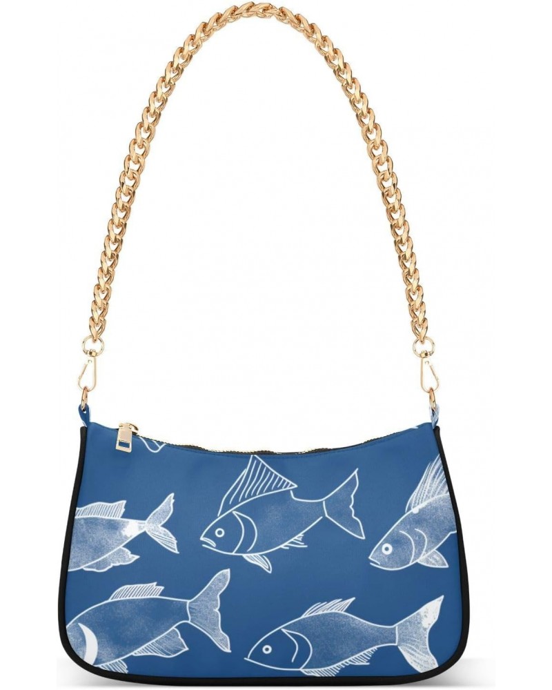 A Blue Background with Fish Retro Classic Shoulder HandBag with Zipper Closure for Women $14.70 Shoulder Bags