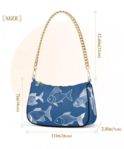 A Blue Background with Fish Retro Classic Shoulder HandBag with Zipper Closure for Women $14.70 Shoulder Bags