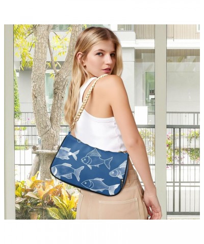 A Blue Background with Fish Retro Classic Shoulder HandBag with Zipper Closure for Women $14.70 Shoulder Bags