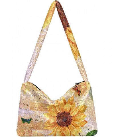 Sunflowers Butterflies Furry Tote Bag for Women Crossbody Bag Shoulder Bag Purse Cute Purse with Zipper for Autumn Winter $10...