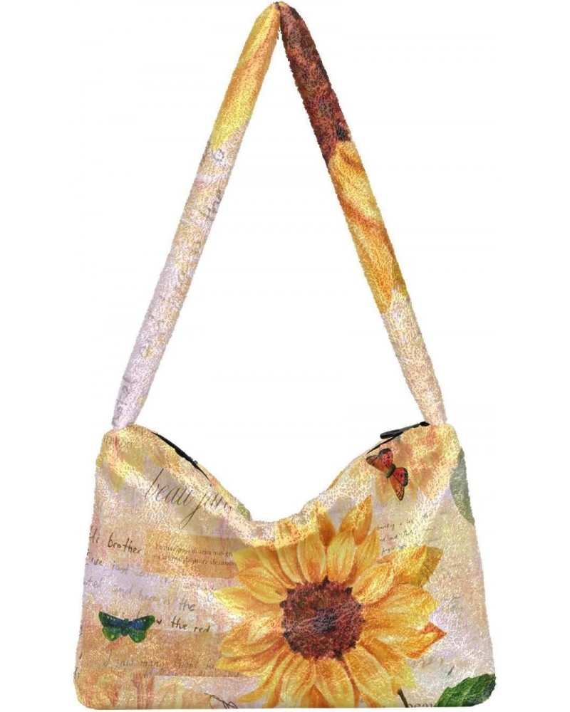 Sunflowers Butterflies Furry Tote Bag for Women Crossbody Bag Shoulder Bag Purse Cute Purse with Zipper for Autumn Winter $10...