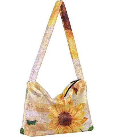 Sunflowers Butterflies Furry Tote Bag for Women Crossbody Bag Shoulder Bag Purse Cute Purse with Zipper for Autumn Winter $10...