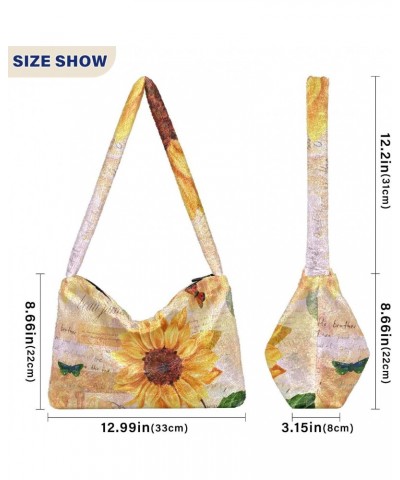 Sunflowers Butterflies Furry Tote Bag for Women Crossbody Bag Shoulder Bag Purse Cute Purse with Zipper for Autumn Winter $10...