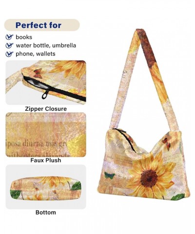 Sunflowers Butterflies Furry Tote Bag for Women Crossbody Bag Shoulder Bag Purse Cute Purse with Zipper for Autumn Winter $10...