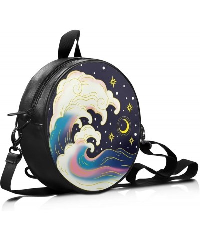 Women Round Crossbody Shoulder Bag Pu Leather Message Purse Down for Women Cartoon Waves $15.33 Wristlets