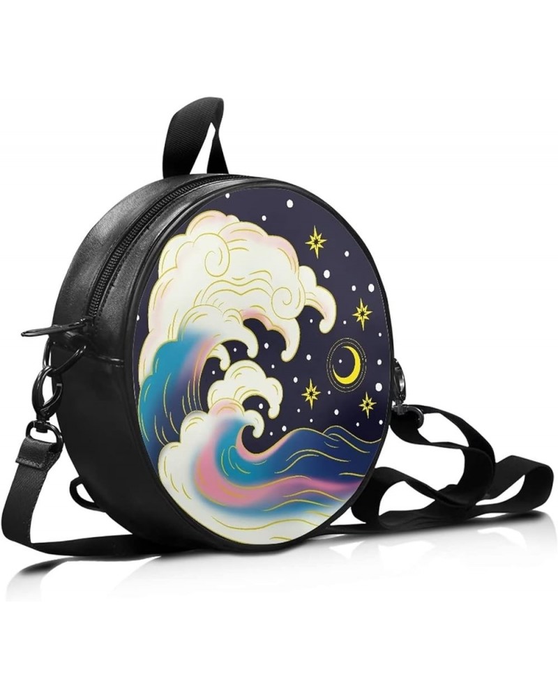 Women Round Crossbody Shoulder Bag Pu Leather Message Purse Down for Women Cartoon Waves $15.33 Wristlets