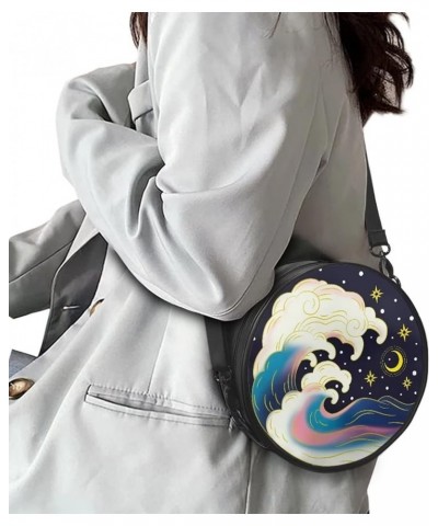 Women Round Crossbody Shoulder Bag Pu Leather Message Purse Down for Women Cartoon Waves $15.33 Wristlets