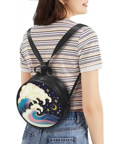 Women Round Crossbody Shoulder Bag Pu Leather Message Purse Down for Women Cartoon Waves $15.33 Wristlets