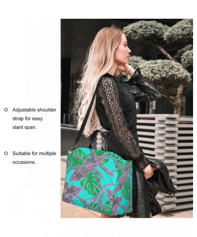 Teal Purple Leafs Large Tote Bag for Women Travel Should Bag Big Oversized Totes Waterproof Crossbody Tote Bag with Adjustabl...