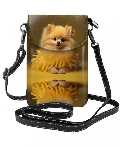 women leather Cell Phone Purse Yellow pomeranian picture Multifunction,Soft, durable,Convenient for daily use and travel, Bla...